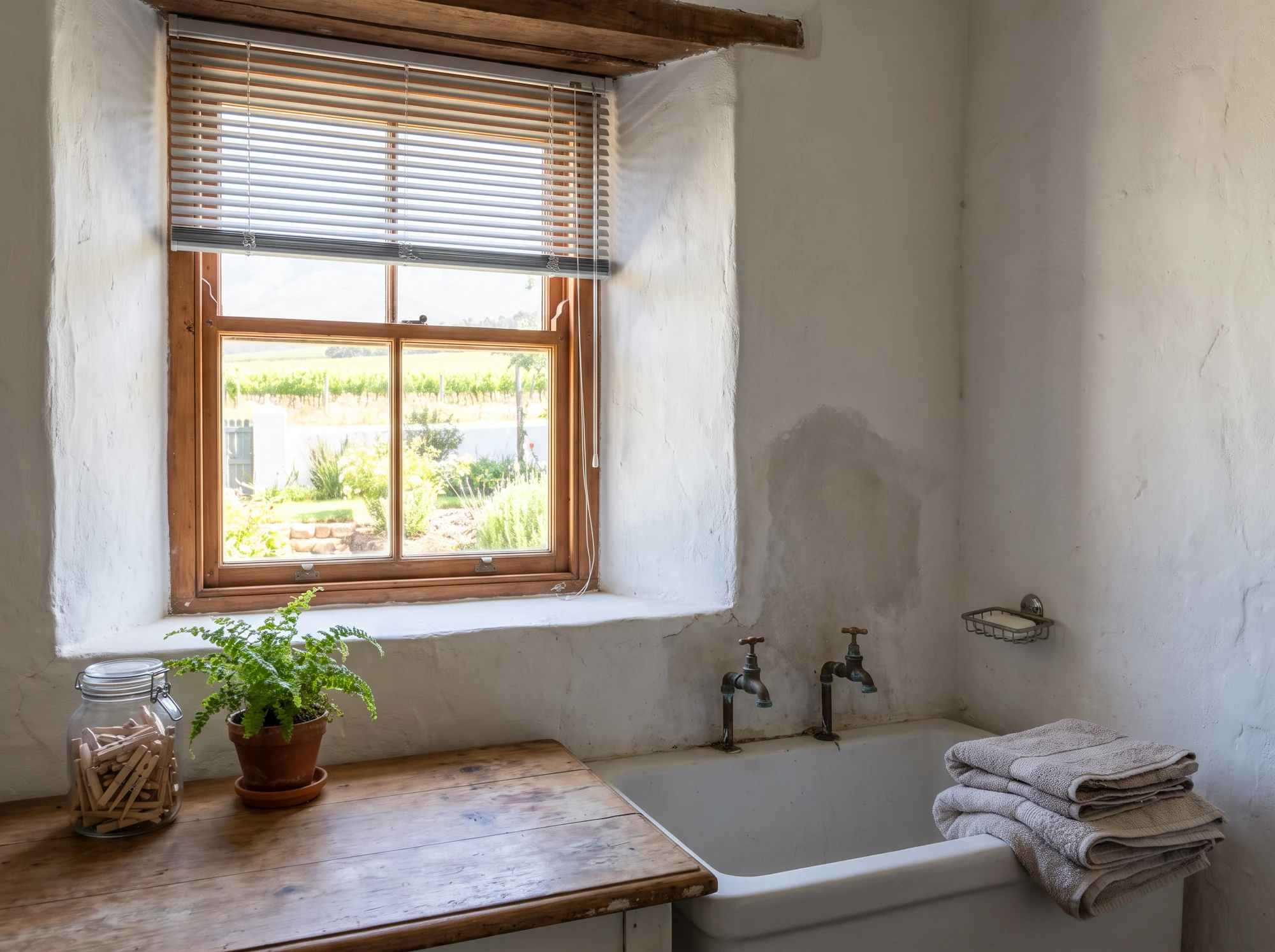 White aluminium venetian blind tilted open over a farmhouse bathroom window on a Simondium smallholding, garden and vineyard beyond