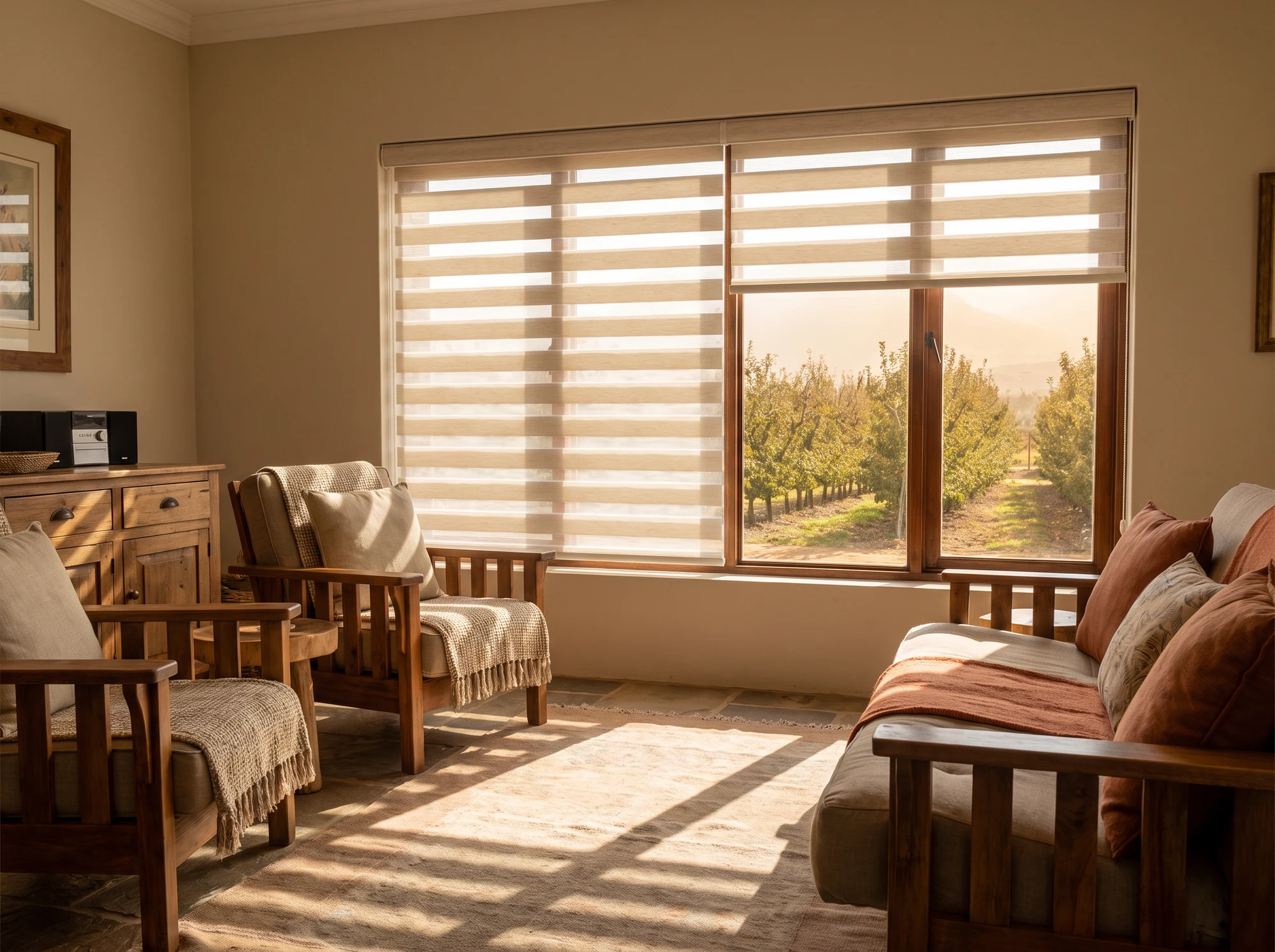 Day and night zebra blind with alternating sheer and solid bands in a farm-cottage lounge near Simondium, orchard trees outside the window