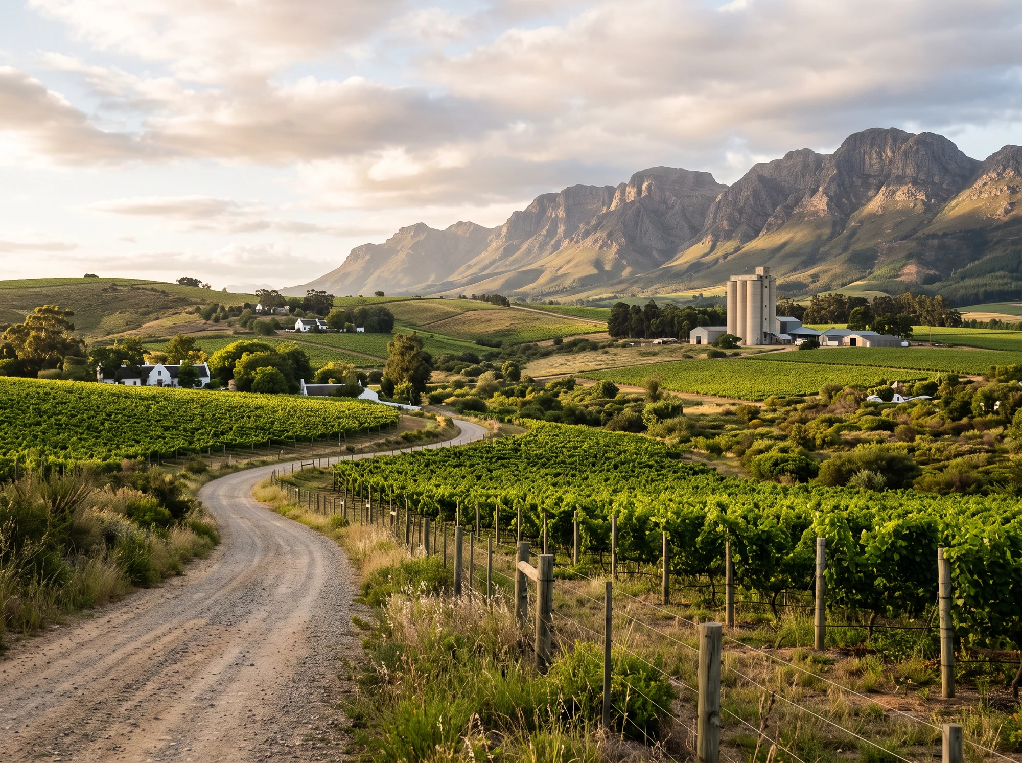 Gravel farm road winding toward the Simonsberg mountains between Simondium and Klapmuts, vineyard rows either side