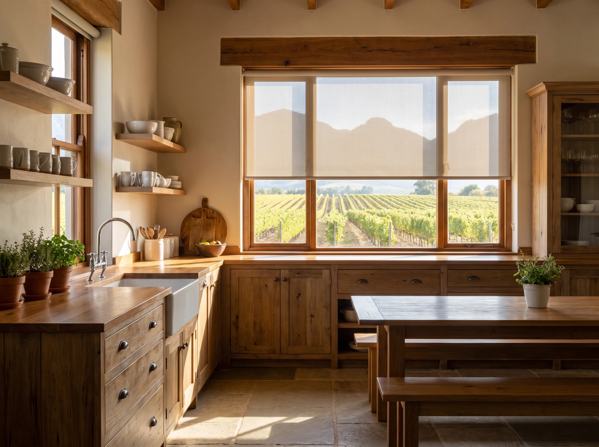 Light sunscreen roller blind partly raised over a farmhouse kitchen window on a Simondium orchard property, vineyard rows beyond